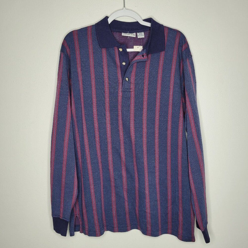 Vintage 80s 90s men's blue stripped long sleeve polo old money preppy top size M